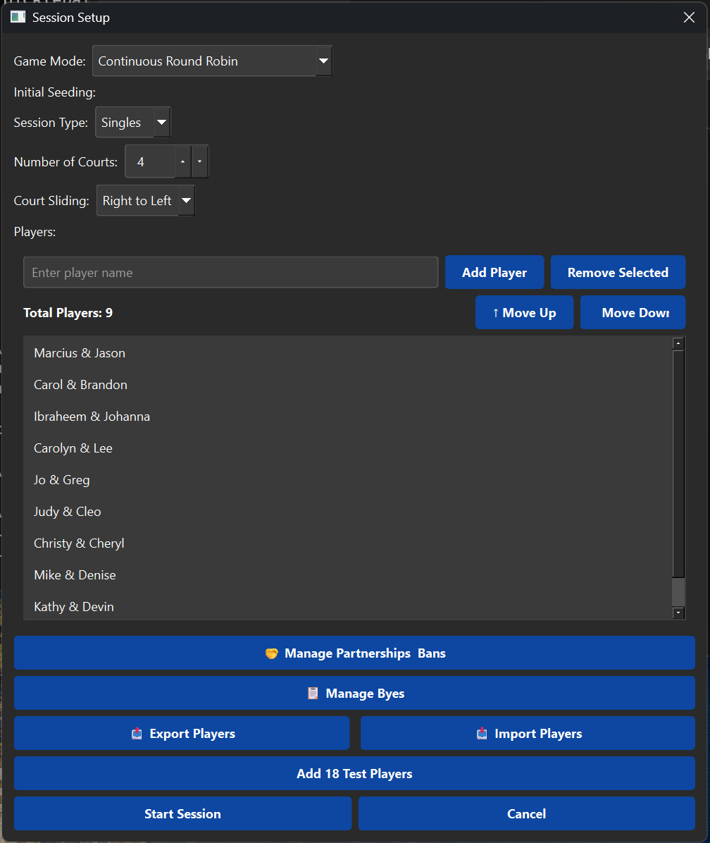 Session setup screen showing player list and game mode configuration