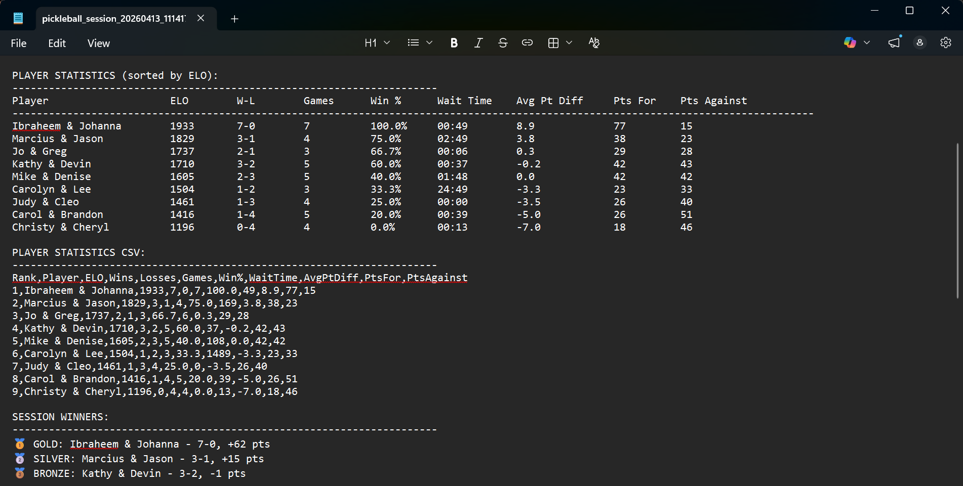 Session statistics export with match history